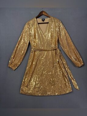 INC Gold Copper Sequin Belted V-Neck Faux Wrap Dress, Size Small